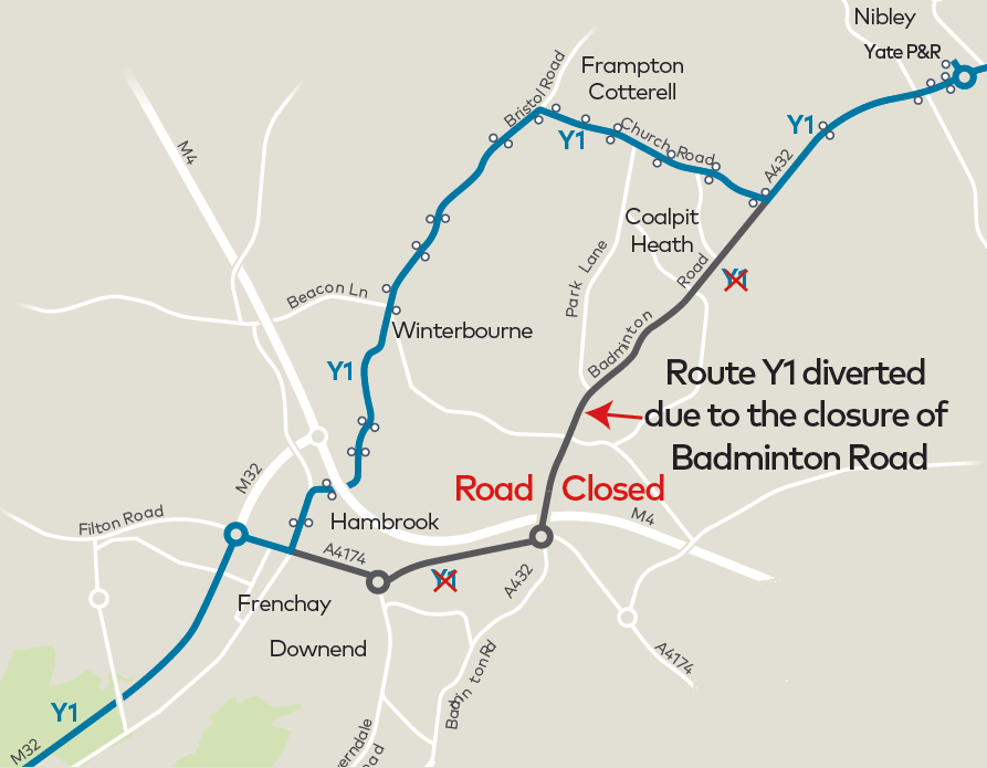A432 Badminton Road M4 bridge CLOSURE (Y1) First Bus